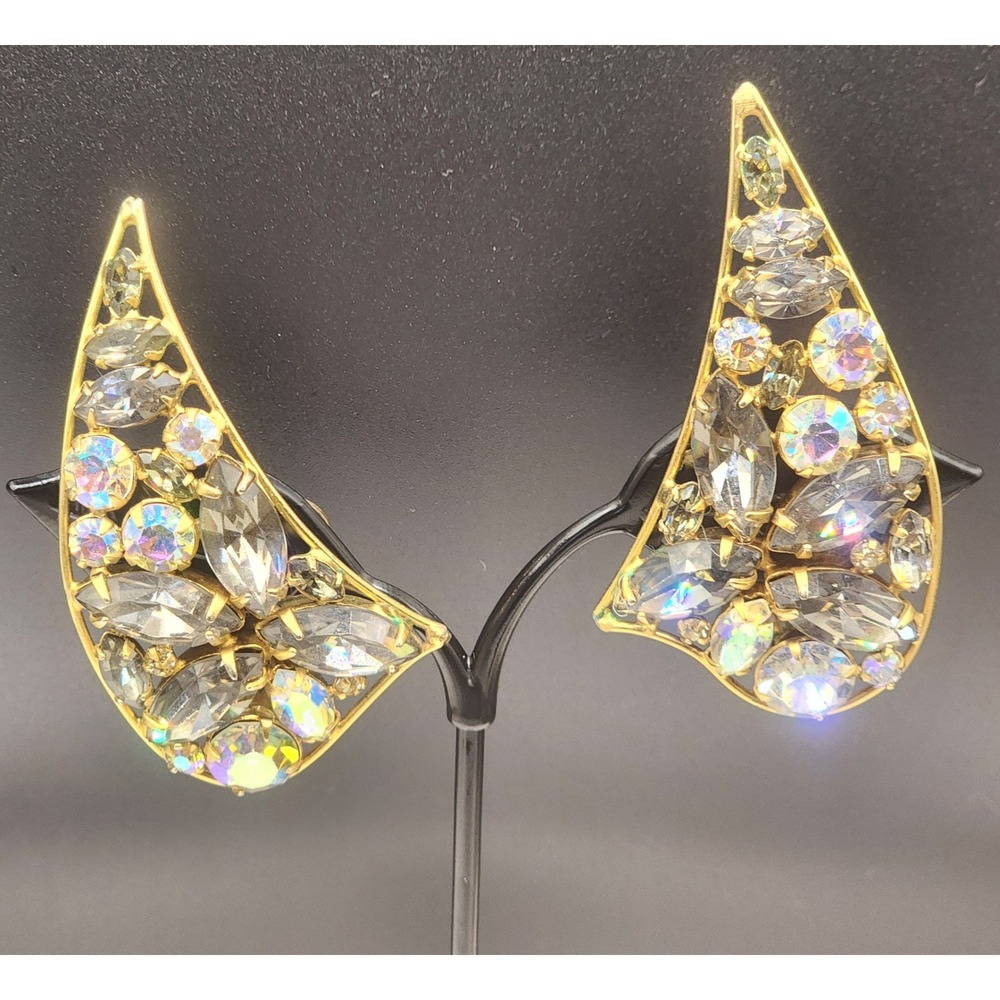 Vintage Aurora Borealis Smoky Grey Rhinestone Gold Tone Clip On Wing Earrings